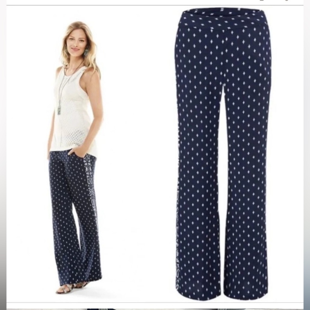 CAbi Navy Blue Patterned Wide-Leg Track Pants Sz 8 - Picture 3 of 10